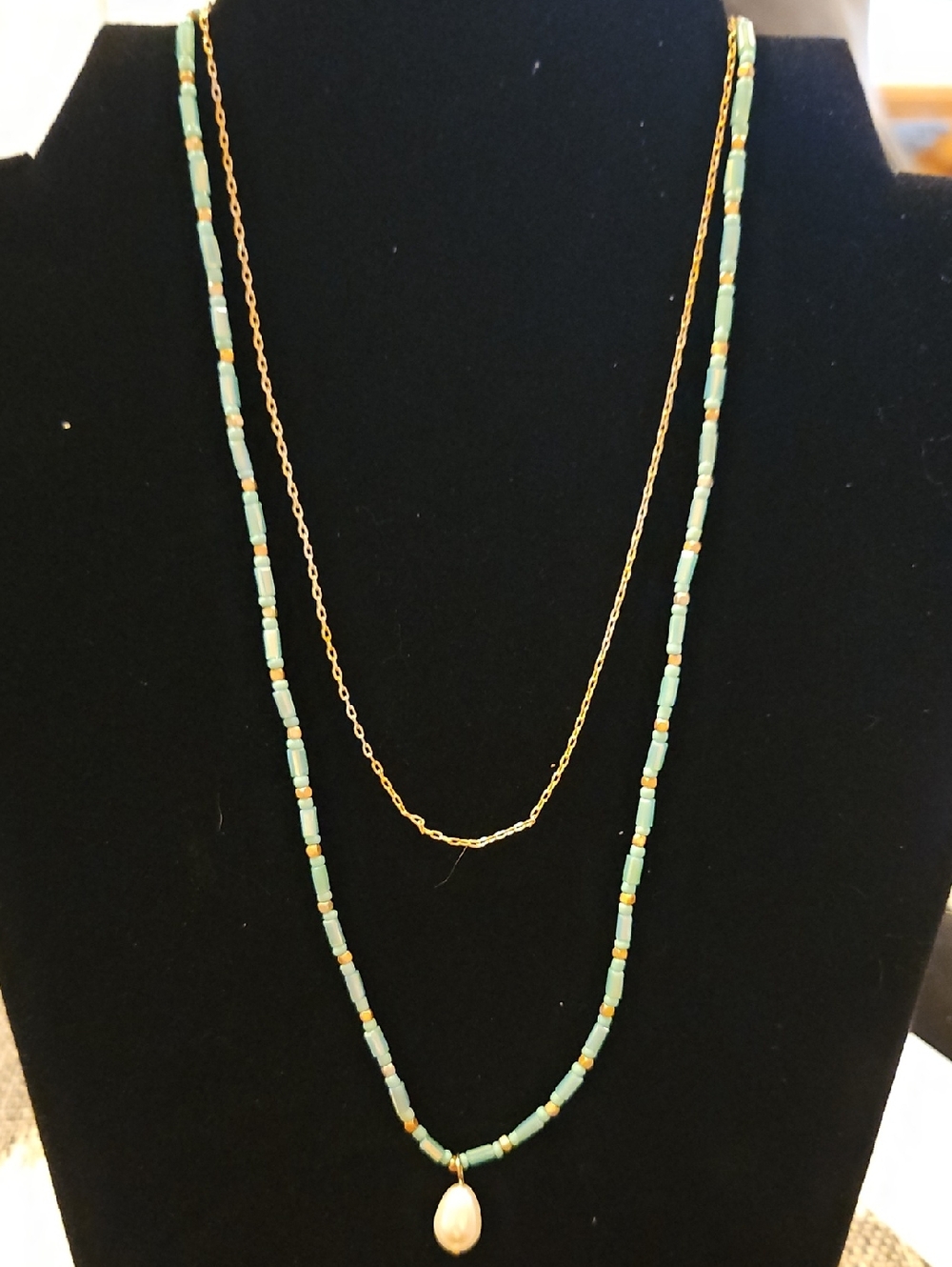 Plunder Gold Tone Chain with Aqua Beads and Pearl Drop